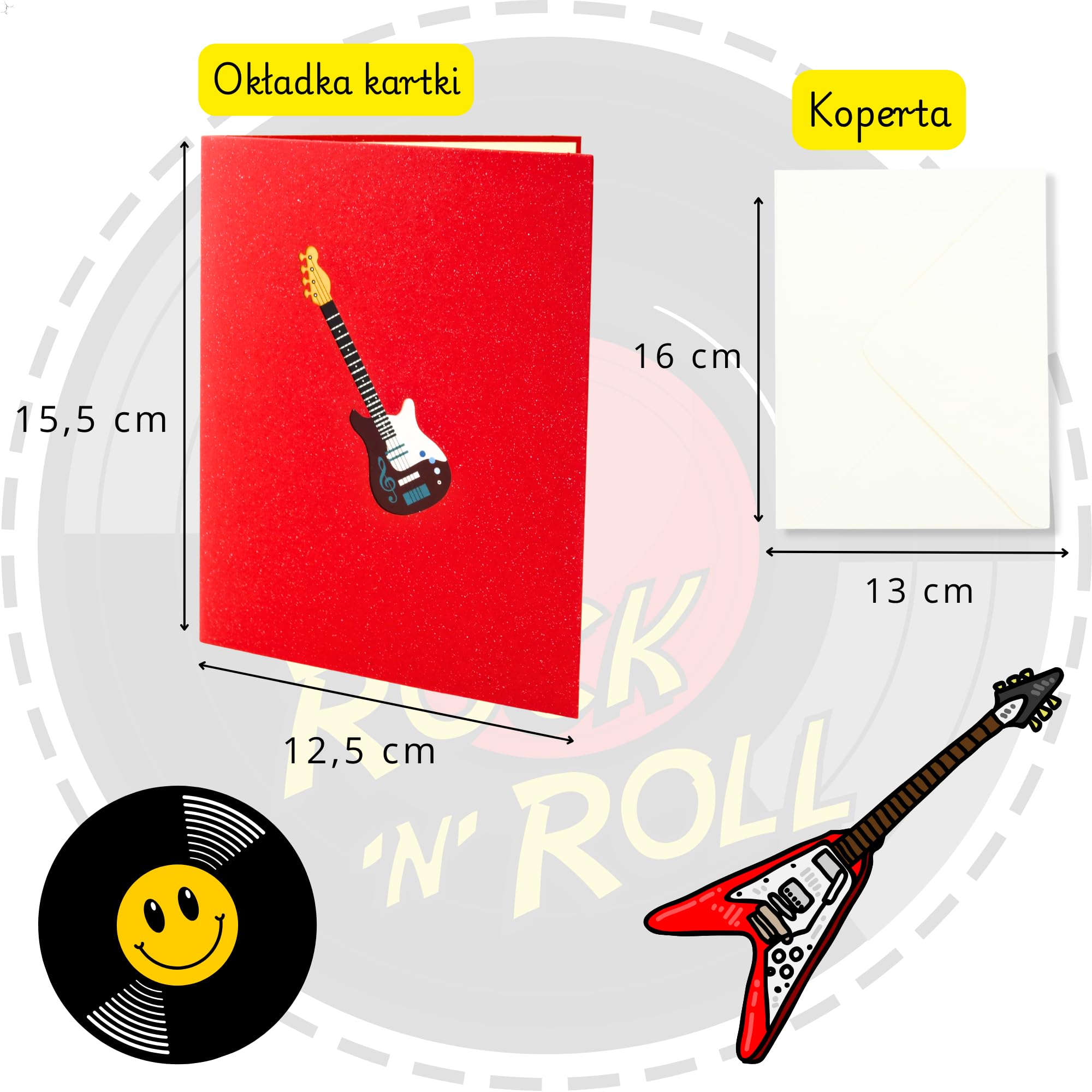 Kartka pop-up 3D Rock 'n' Roll – kartka urodzinowa z gitarą elektryczną dla fanów rocka, gitarzystów i zespołów | świetny pomysł na prezent z kopertą