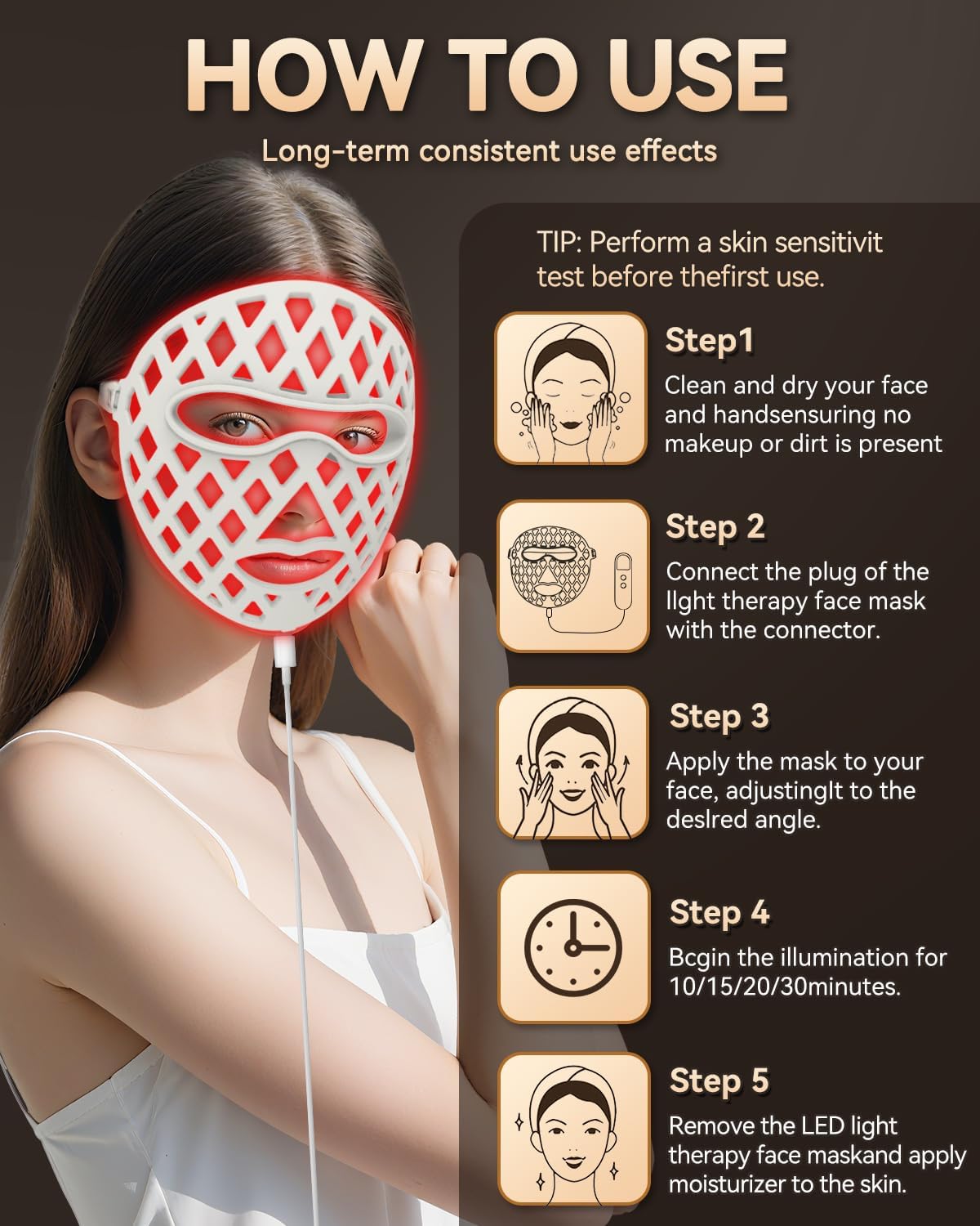 Visual guide demonstrating the five steps for using the LED Light Therapy Face Mask, from cleaning the face to applying moisturizer.