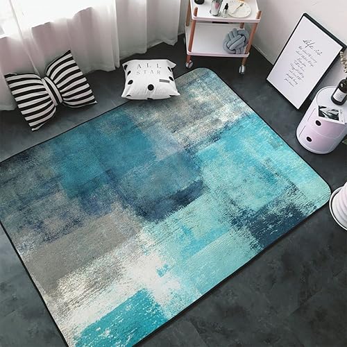 Miniatura 2 de Alfombra suave para sala de estar, pintura de arte abstracto turquesa y gris, alfombra grande para piso, antideslizante, lavable, alfombra de
