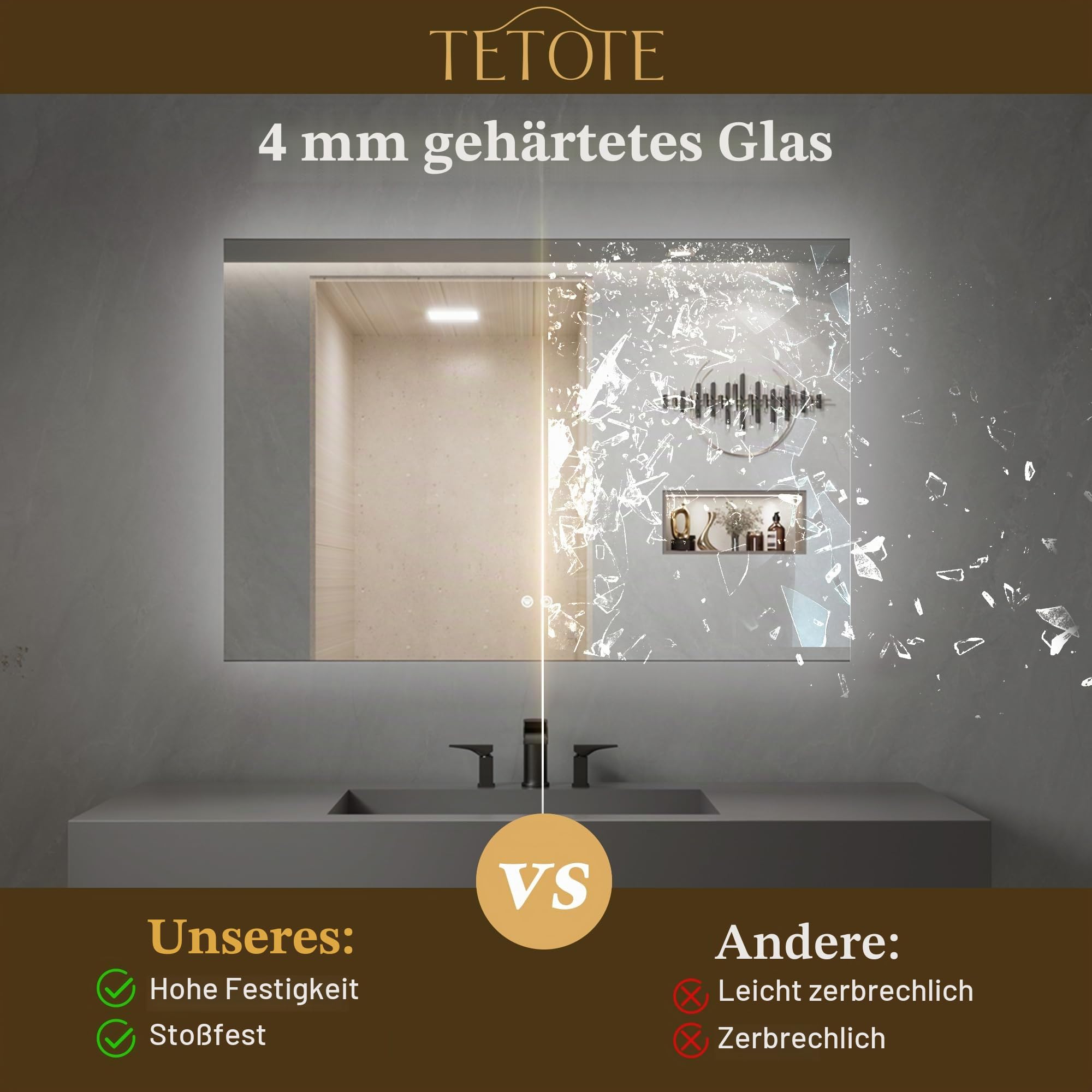 TETOTE Badspiegel mit Beleuchtung 90x90cm, Rechteckiger Badezimmerspiegel, Badezimmer Wandspiegel Ohne Rahmen… – Ansicht 5