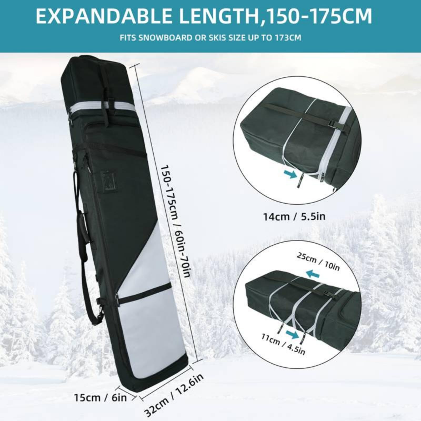 AUMTISC Bolsa de Snowboard Acolchada, Resistente con Forro Interior Impermeable, Correas Ajustables para el Hombro, Apta para Snowboard de 155 a 180 cm