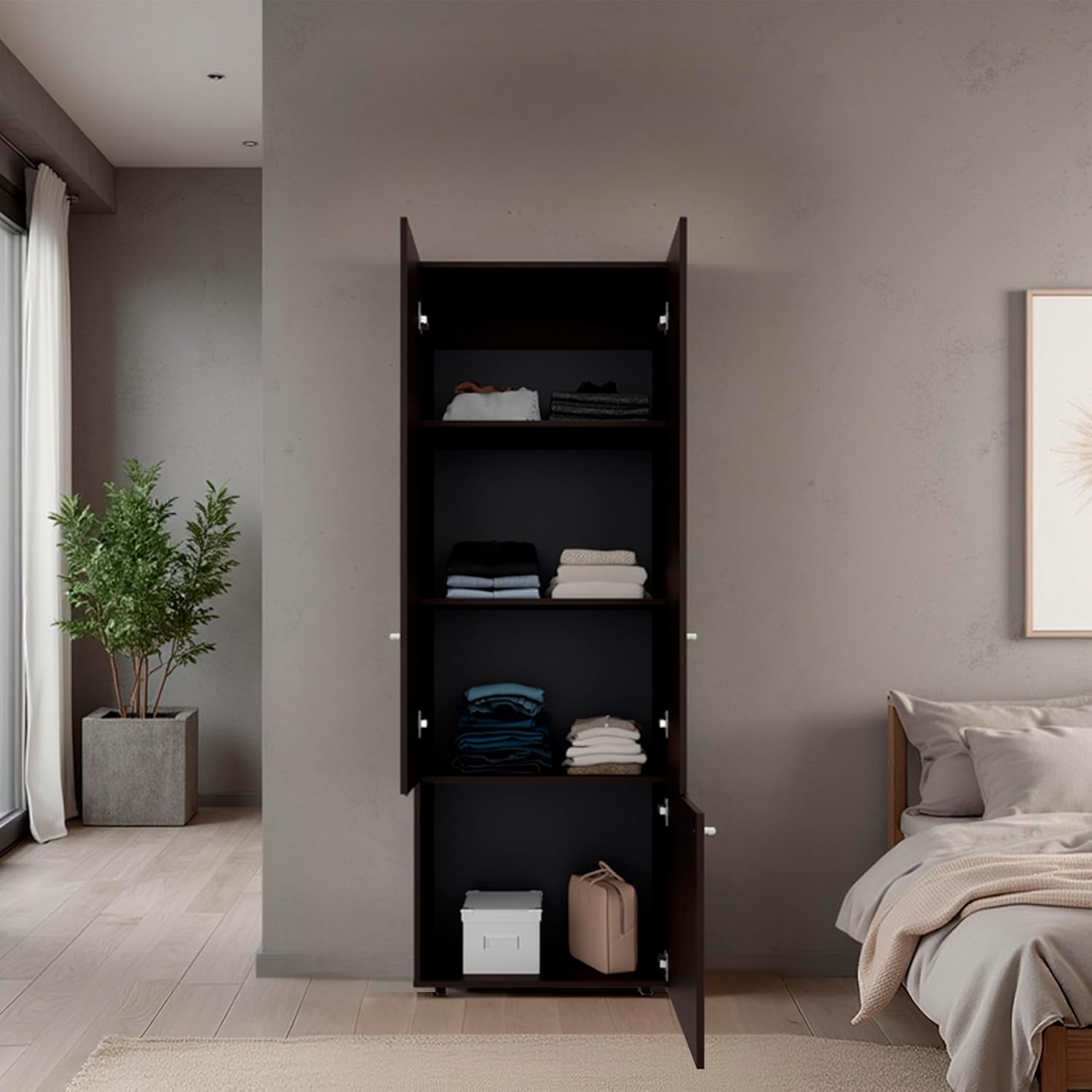 Home 3 Door Closet System with Five Interior Shelves for Clothes and Shoes Organizer, Bedroom Freestanding Storage, Utility Room or Furniture