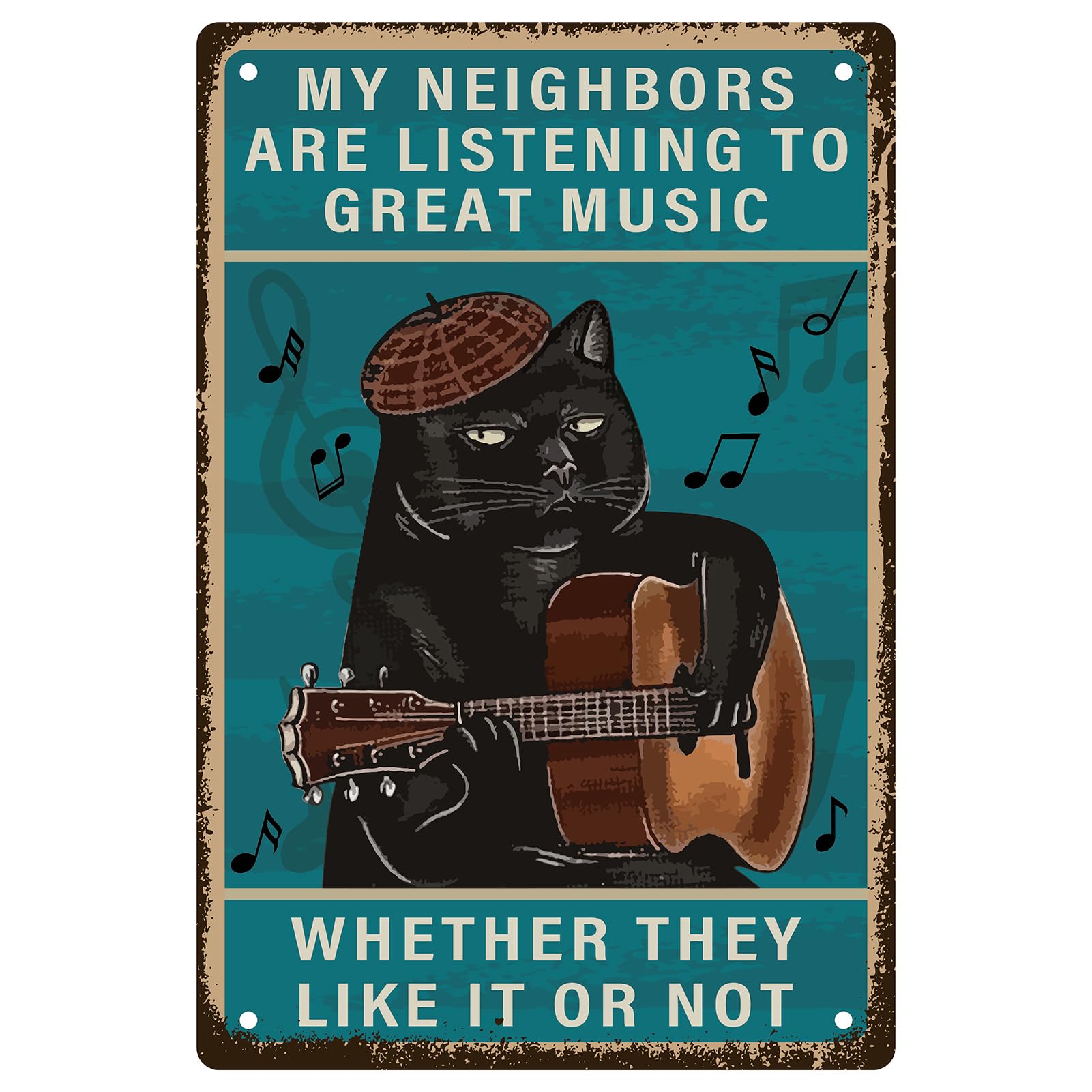 CREATCABIN Cat Guitar Metal Signs Rock Music Tin Sign Vintage Plaques Retro Posters Decor Gallery Wall Art Print Hanging Painting with Quotes for Coffee Bar Home Cafes Man Cave Gifts