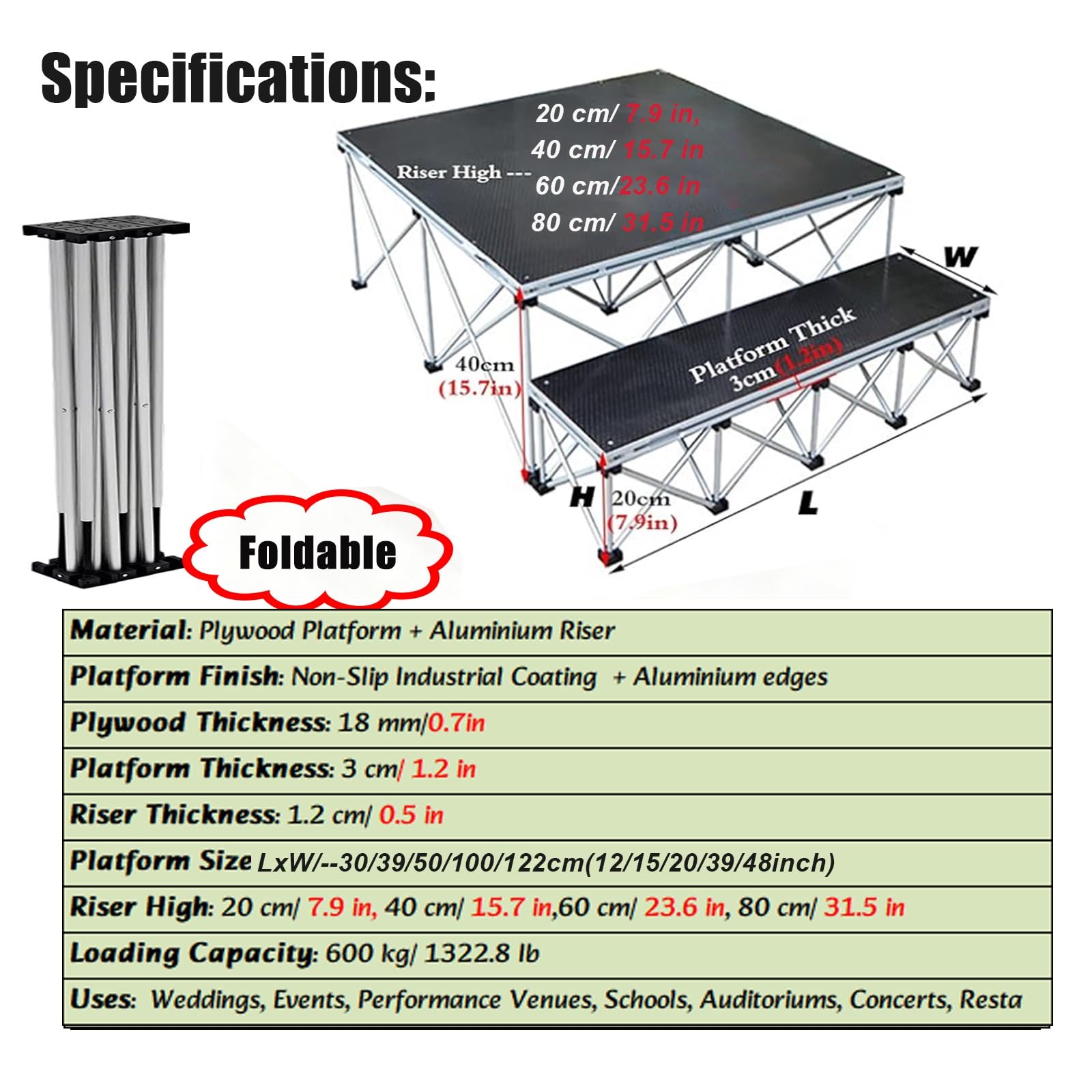 Plataforma de escenario portátil de aluminio, superficie antideslizante, tarima elevada para conciertos, bodas, auditorios escolares y fiestas. | H 7.9in/20cm,30x30cm/12x12"
