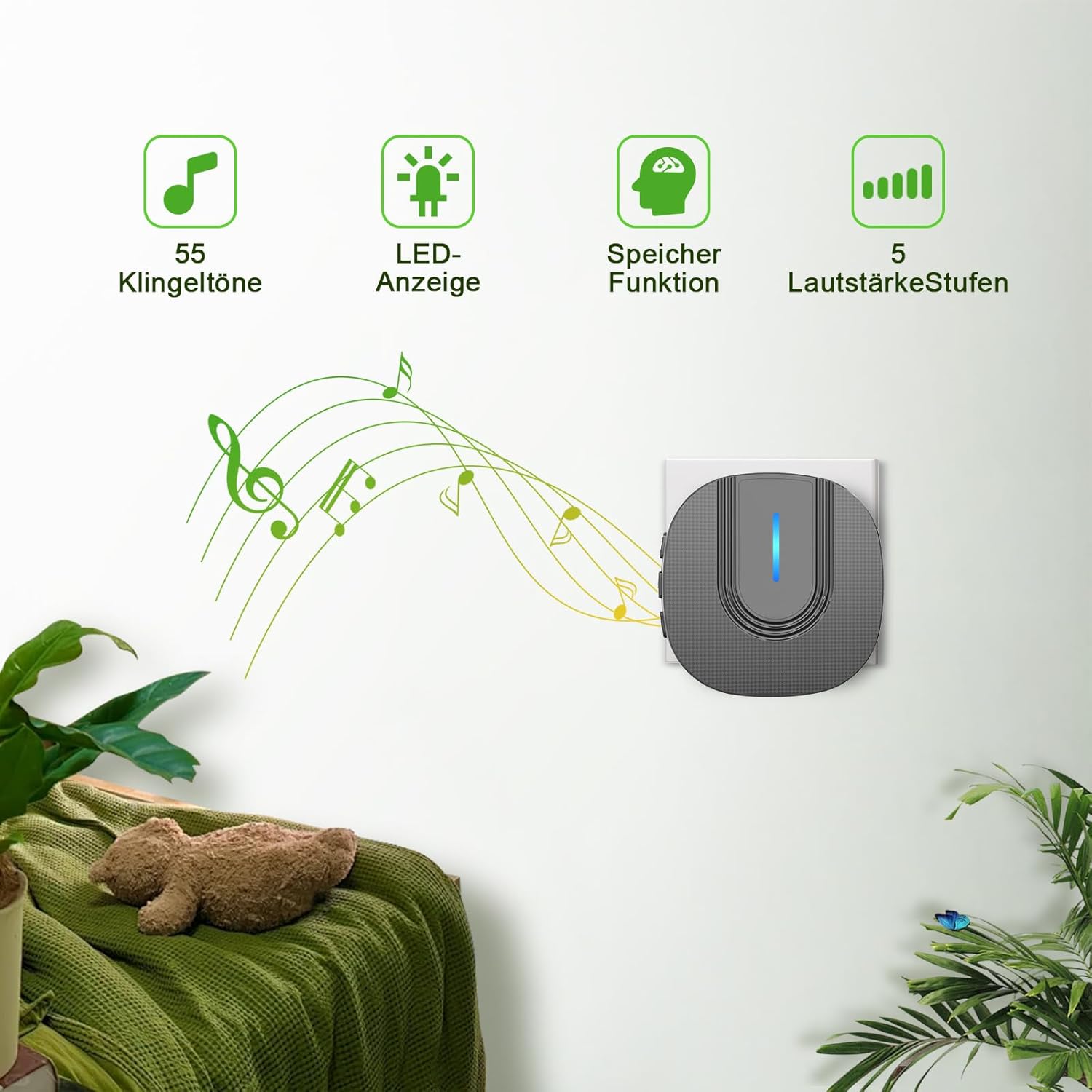 SURFOU Wireless Doorbell receiver showing 55 chimes, LED display, memory function, and 5 volume levels