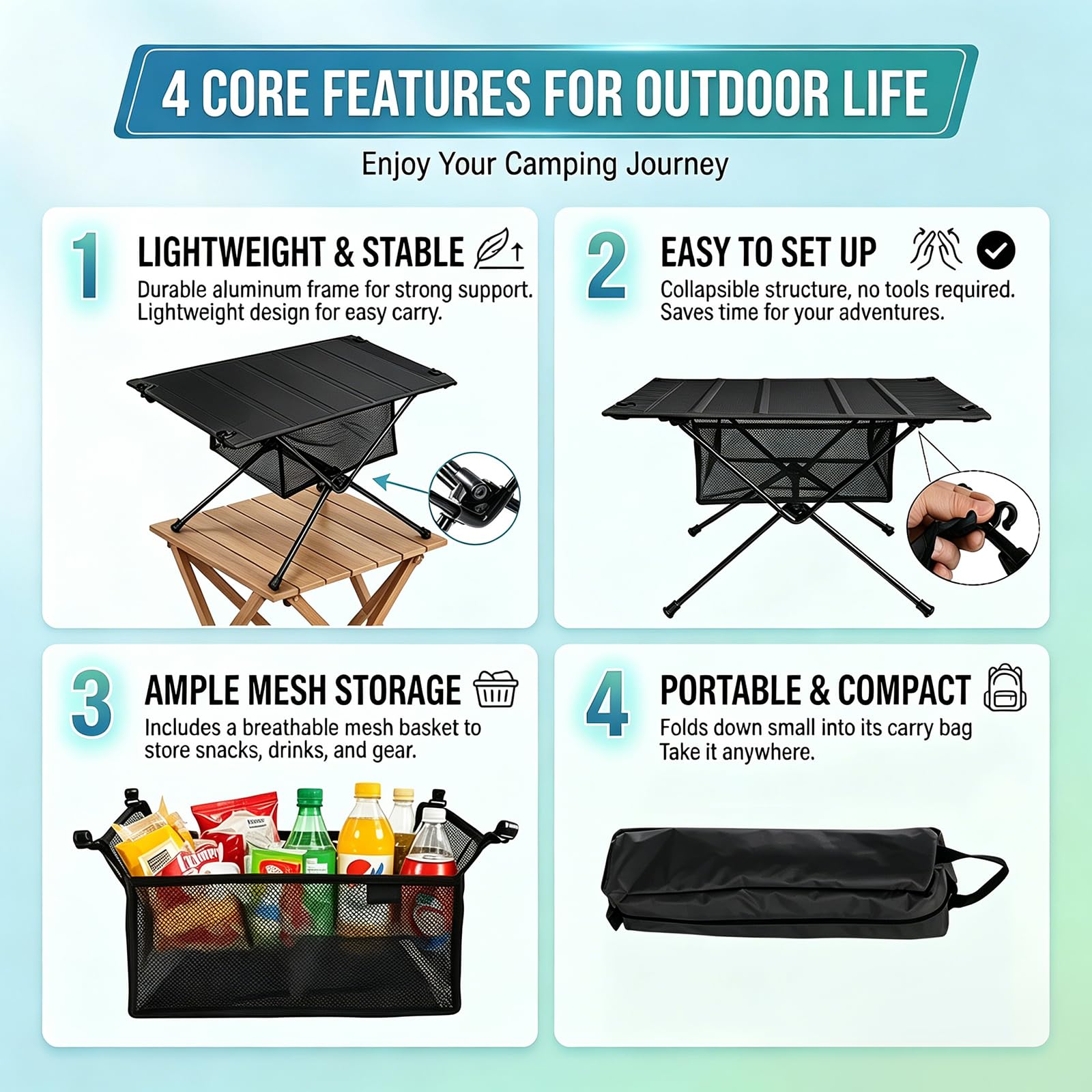 Gohytal Table pliante portable en aluminium avec sac de transport et sac en filet, table d'extérieur pliable pour camping, pique-nique, cuisine, jardin, randonnée, voyage (noir)
