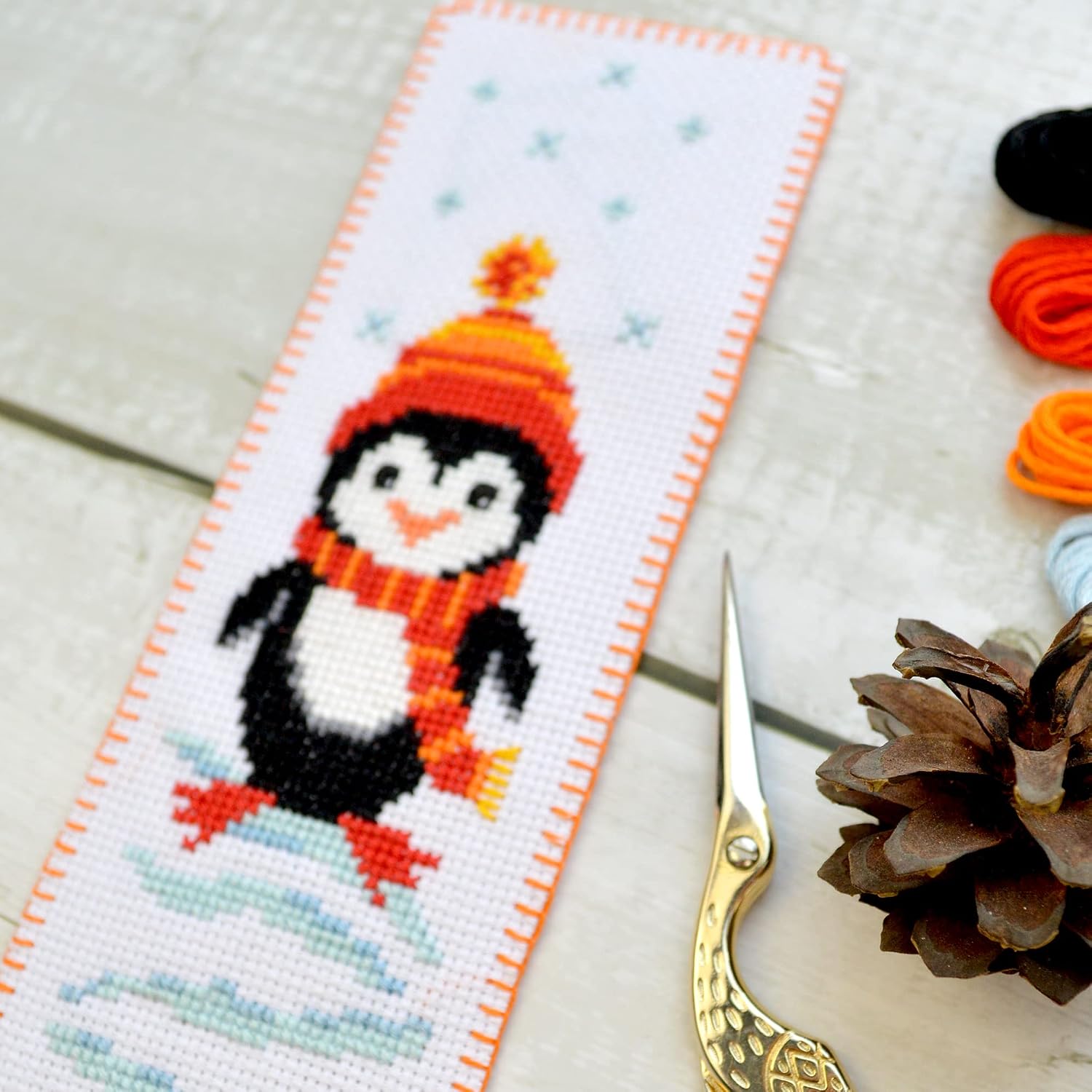 Povitrulya Penguin Counted Cross Stitch Bookmark Kit - DIY Hand Embroidery Set for Adults with Paper Pattern, 16 Count Aida Cloth and Pre-Sorted Floss