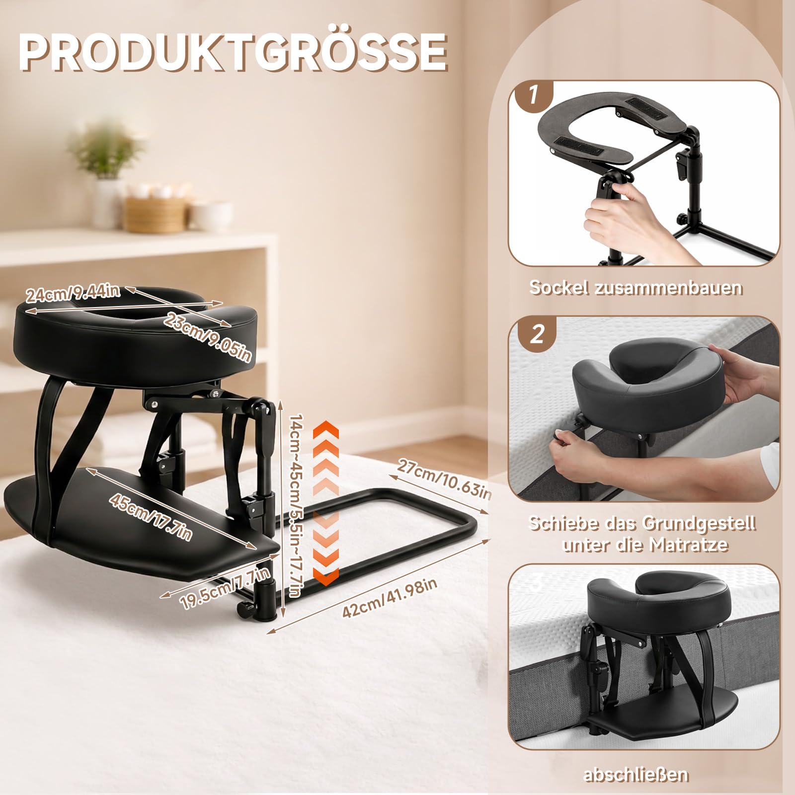 Massage Kopfstütze für Bett, Höhe 14–45 cm, Ergonomische Kopfstütze & Kissen mit Gesichtsschlitz, kompatibel mit Massageliege, Massagetisch, Kosmetikliege, Kopf Massage Zubehör, mit Armlehne