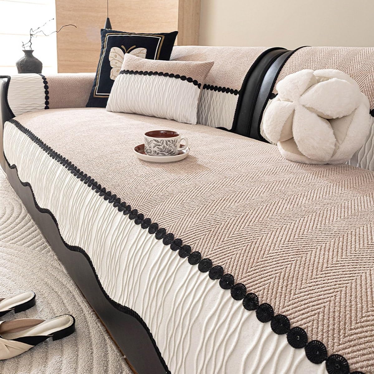 ZGWRYI Soft Chenille Sofa Couch Cover Striped Weave Textured, Sectional Couch Covers Washable Anti-Slip Sofa Slipcover for Dogs Pet,Suitable for all seasons(Khaki,70x120cm)