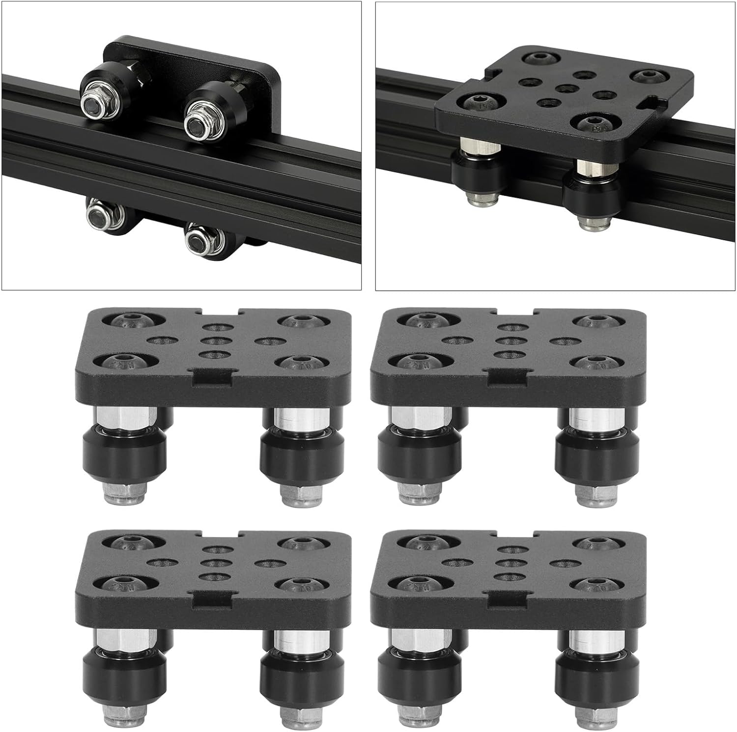 4 Pack Small V Wheel Plate, Gantry Rod Plate with Wheel, Mini V Wheel Support Plate for 2020 Aluminum, CNC and 3D Printer Parts, Black Wheel