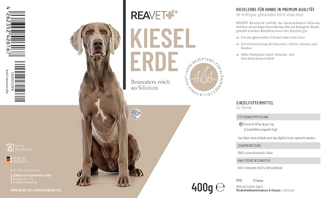 Foto 4 de 6 de ReaVET Polvo de sílice para perro, 400 g, dosis elevada para el apoyo a la piel y el pelaje, aditivo Barf