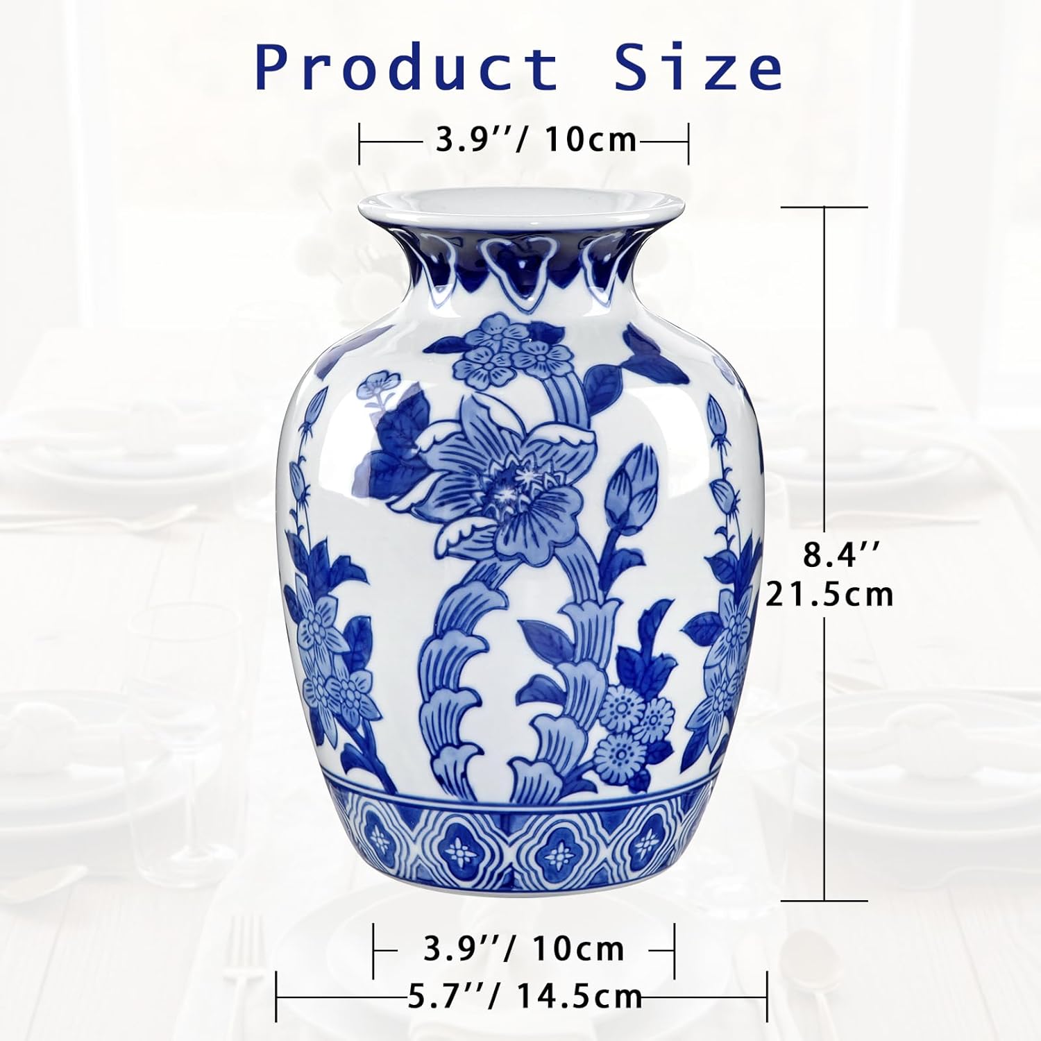 Blue and White Ceramic Vase, 8.4" Tall Chinoiserie Flower Vase Decor with Wide Mouth, Decorative Porcelain Vases for Centerpieces, Table, Shelf & Home Decor, Weddings, Housewarming & Timeless Gift