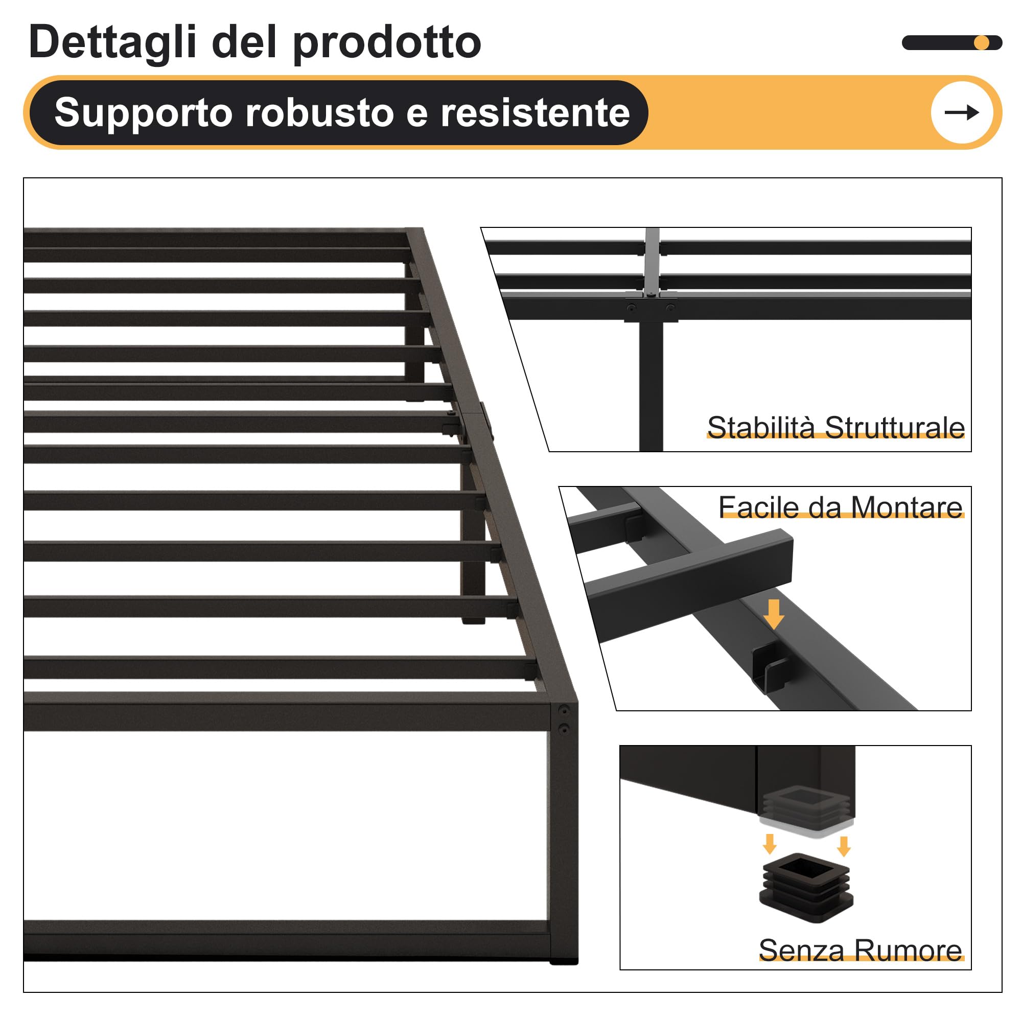 Yicensen Struttura Letto Matrimoniale 160x190 cm, Struttura Letto in Metallo, Supporto Solido, Facile da Montare, Design Silenzioso, Stile Moderno e Minimalista, Altezza 30 cm, Nero