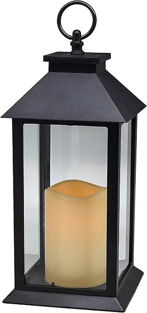 YAKii Hanging Glass Panes Lantern Portable Led Candle Light Operated by 3AAA Batteries for Garden Yard, Indoor & Decoration(Black)