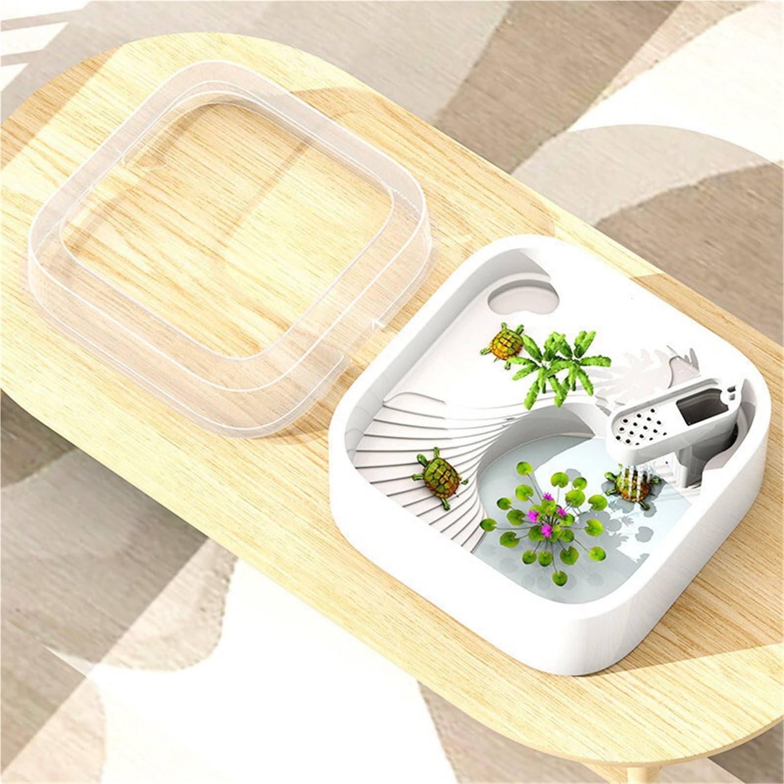 Siedlisko terrarium Kwadratowy zbiornik do karmienia żółwi i proste gospodarstwo domowe z platformą suszenia na słońcu filtrem Terrarium akwariowe(Średni)