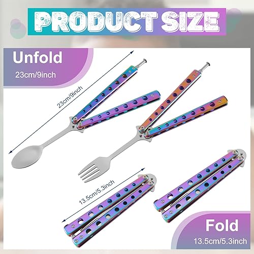 Miniatura 2 de Flutesan Juego de 2 tenedores y cucharas de mariposa, cuchara táctica de mariposa plegable de acero inoxidable, juego de utensilios Balisong Colorido