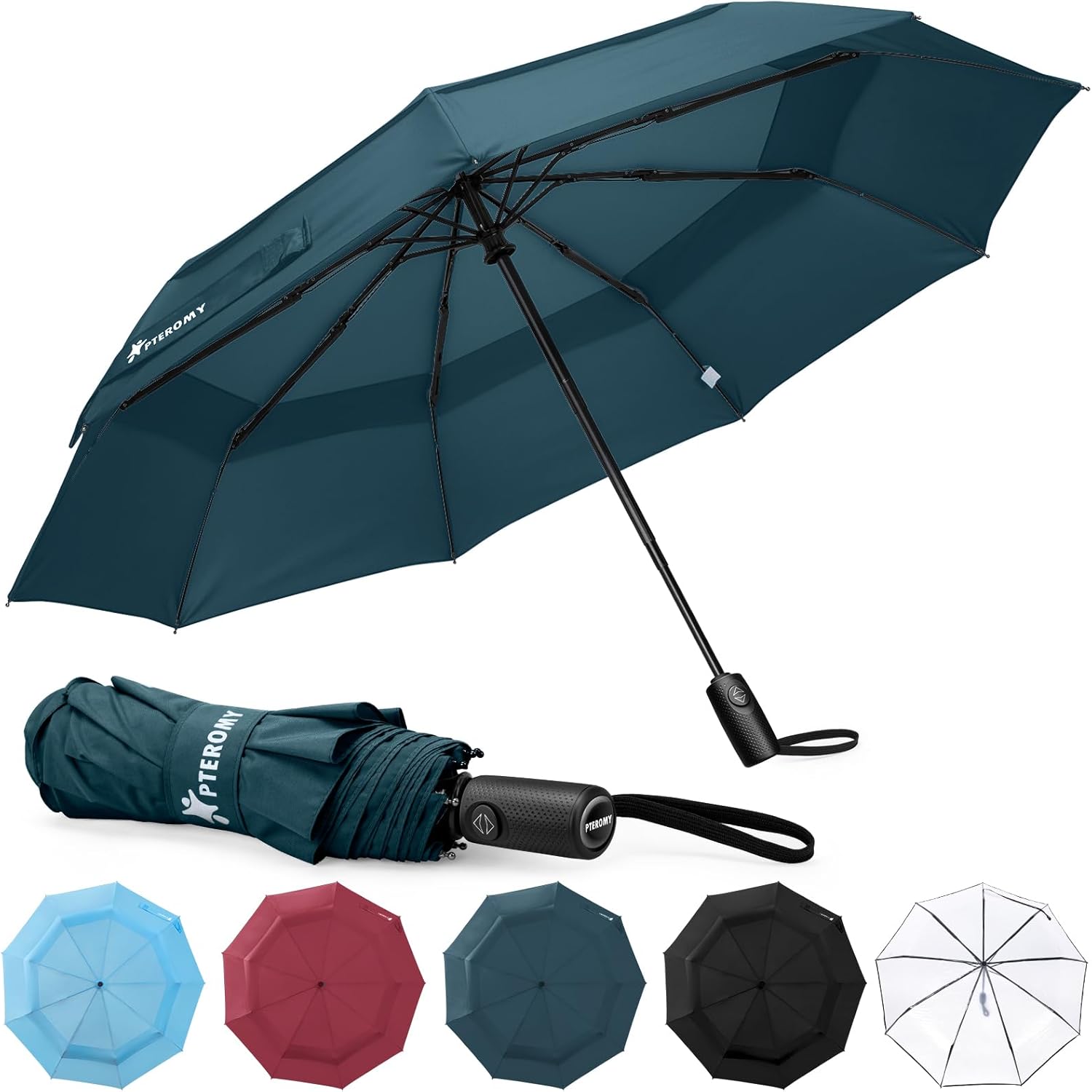 PTEROMY Windproof Compact Travel Umbrellas for Rain and Sun, Withstands 85MPH Winds Auto Open Close Folding Umbrella with Ergonomic Handle, Quick Dry Canopy for Commuting or Backpack