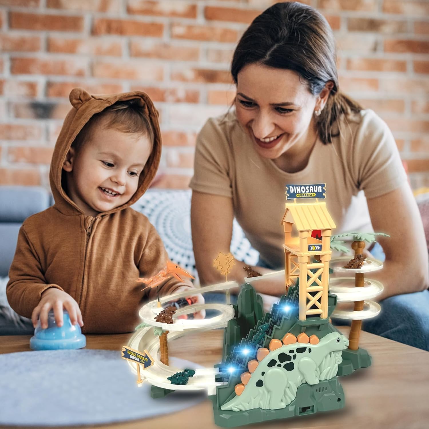 Dinosaur Chasing Race Track, Dinosaur Climbing Slide Toy, Electric Dinosaur Roller Coaster with Light and Music Electric Race Track Game Fun Track Slide