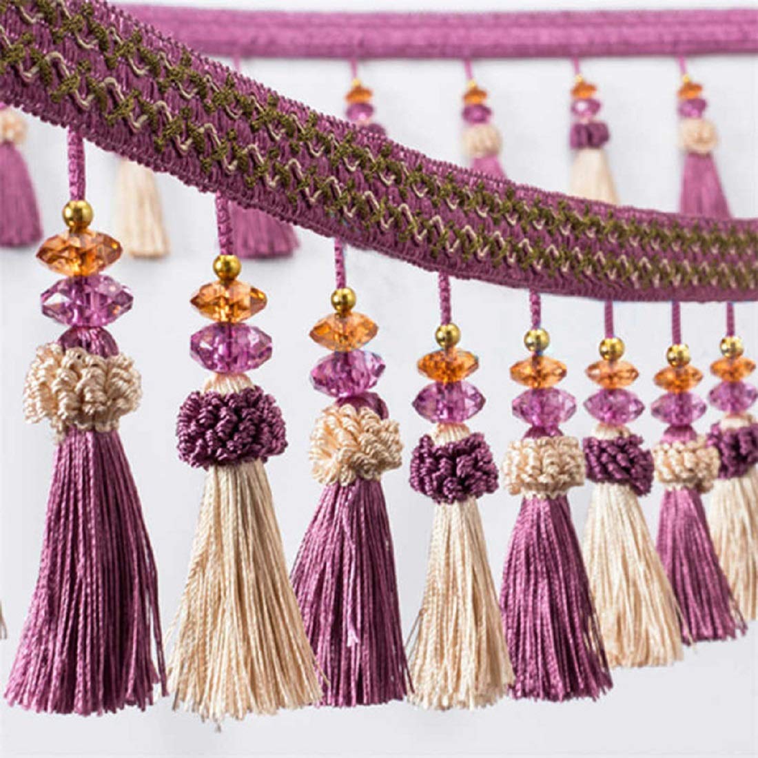 Yalulu 4 Yards 12cm Wide Crystal Bead Fringe Trim Fabric Lace Trimming DIY Sewing Ribbon Tassel Thread DIY Decorative Sewing Accessories for Curtain Clothes Table Home Decoration (Purple)
