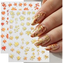 2 Sheets Fall Nail Stickers 5D Embossed Maple Leaf Nail Art Stickers Gold Red Fallen Leaves Self Adhesive Designs Autumn Nail Decals Nail Art Supplies for Women Acrylic Holiday Manicure Decorations