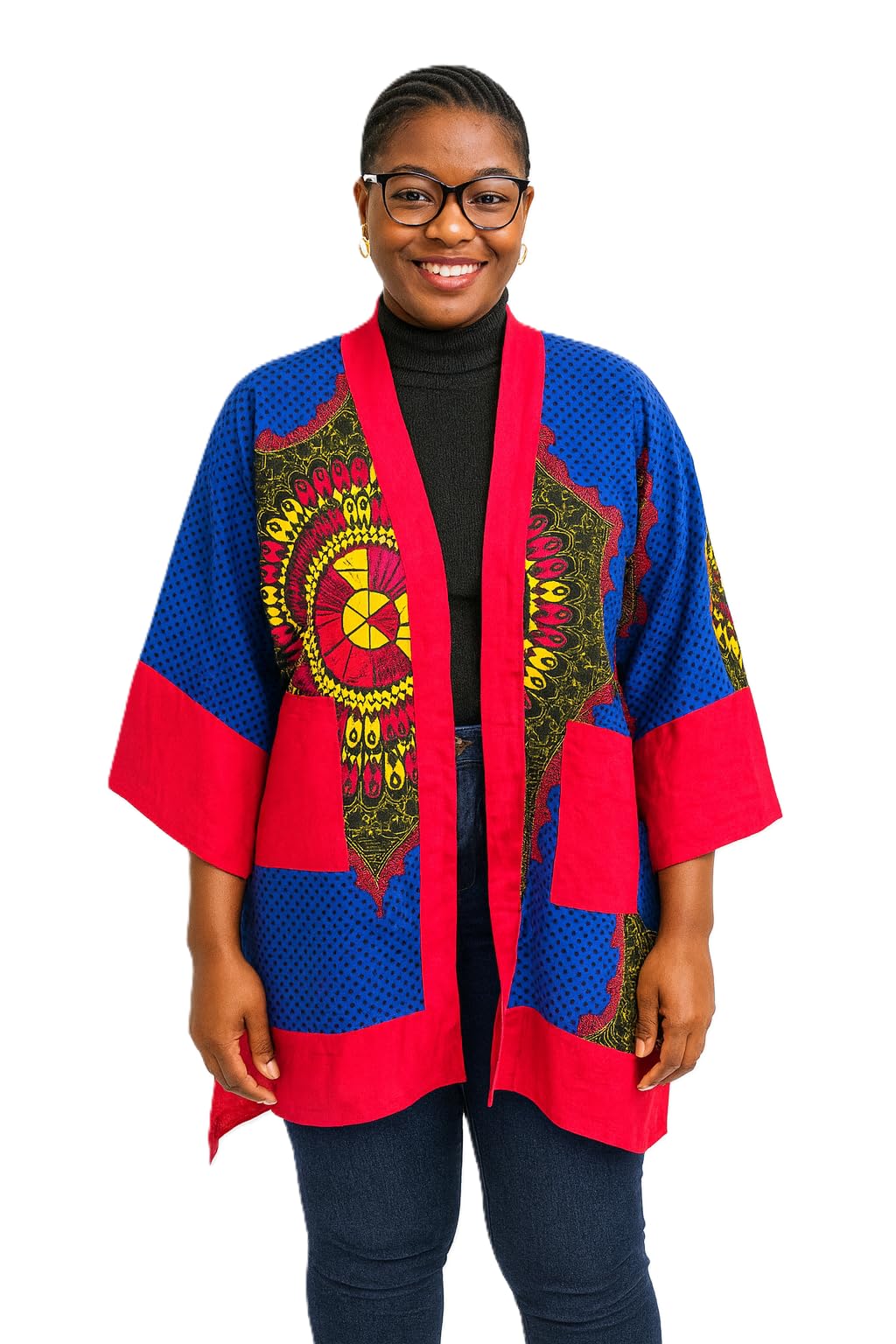African Print Kimono Cardigan Blue and Red Open Front Colorful Dashiki Pattern 3 4 Sleeve