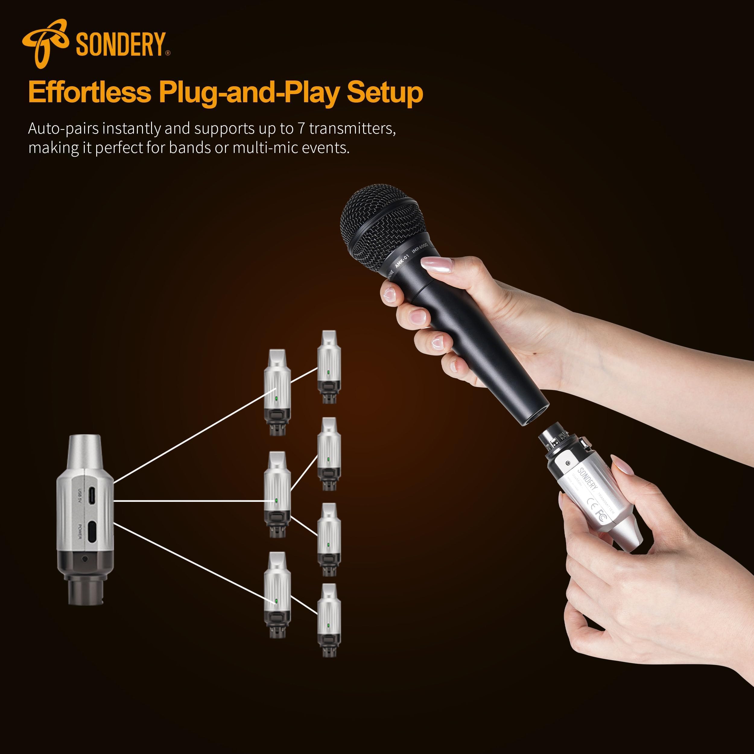 Sondery UHF Wireless XLR Sender und Empfänger Wiederaufladbar 7 Kanäle für dynamische Moving Coil Mikrofone
