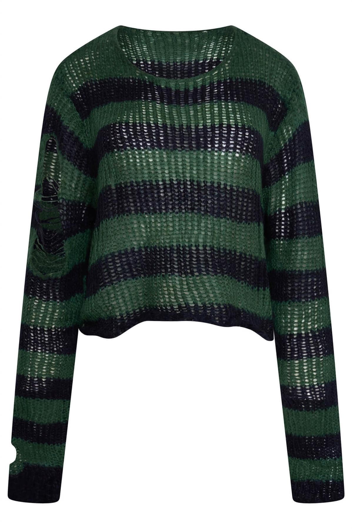 Ro Rox Ryette Cropped Striped Knit Jumper for Women – Distressed Oversized Grunge Gothic Sweater, Long Sleeve Alternative Punk Alt Top Black-Green
