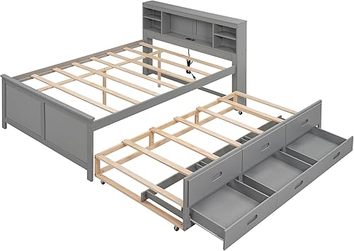 Miniatura 23 de Cama de plataforma de tamaño Queen con cabecero y cajones, marco de cama de plataforma de madera maciza con estantes, puertos USB y enchufes, marco