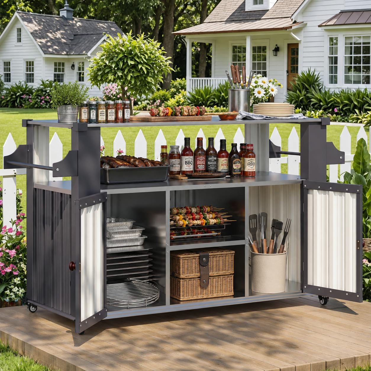 YODOLLA Outdoor Kücheninsel mit Rollen, Grillwagen mit Schrank, Grau