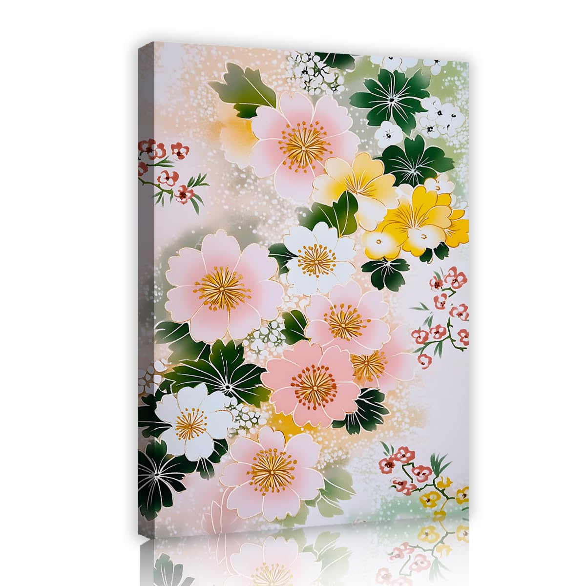 CHERHERART Green Leaves Oriental Botanical Canvas Print Japanese Style Floral Canvas Wall Art Soft Pink Yellow White Blossoms Poster Picture 55x85cm Innerframe