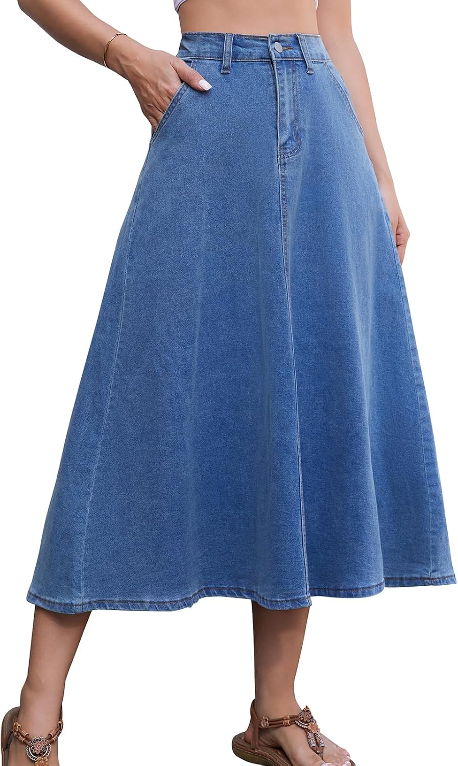 HUSKARY Women's Stretchy High Wasited A Line Long Maxi Jean Skirt Below Knee Length Flared Midi Denim Skirts with Pockets