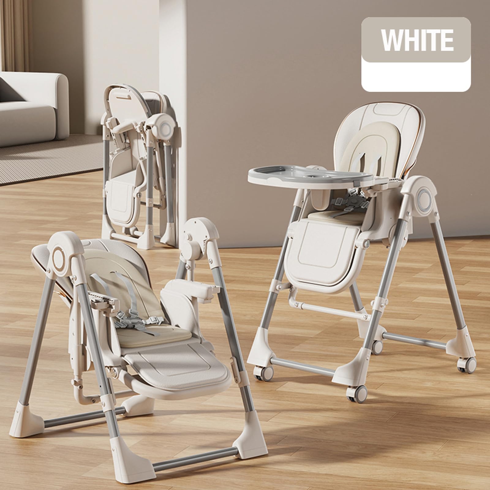 MoLi Krzesełko ze skóry PU, krzesło z funkcją huśtawki, krzesełko dla niemowląt, dwuwarstwowa taca (X8121 White)