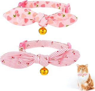 2 collares de algodón con pajarita y campana, collar de gato rosa ajustable con lazo extraíble, color rosa