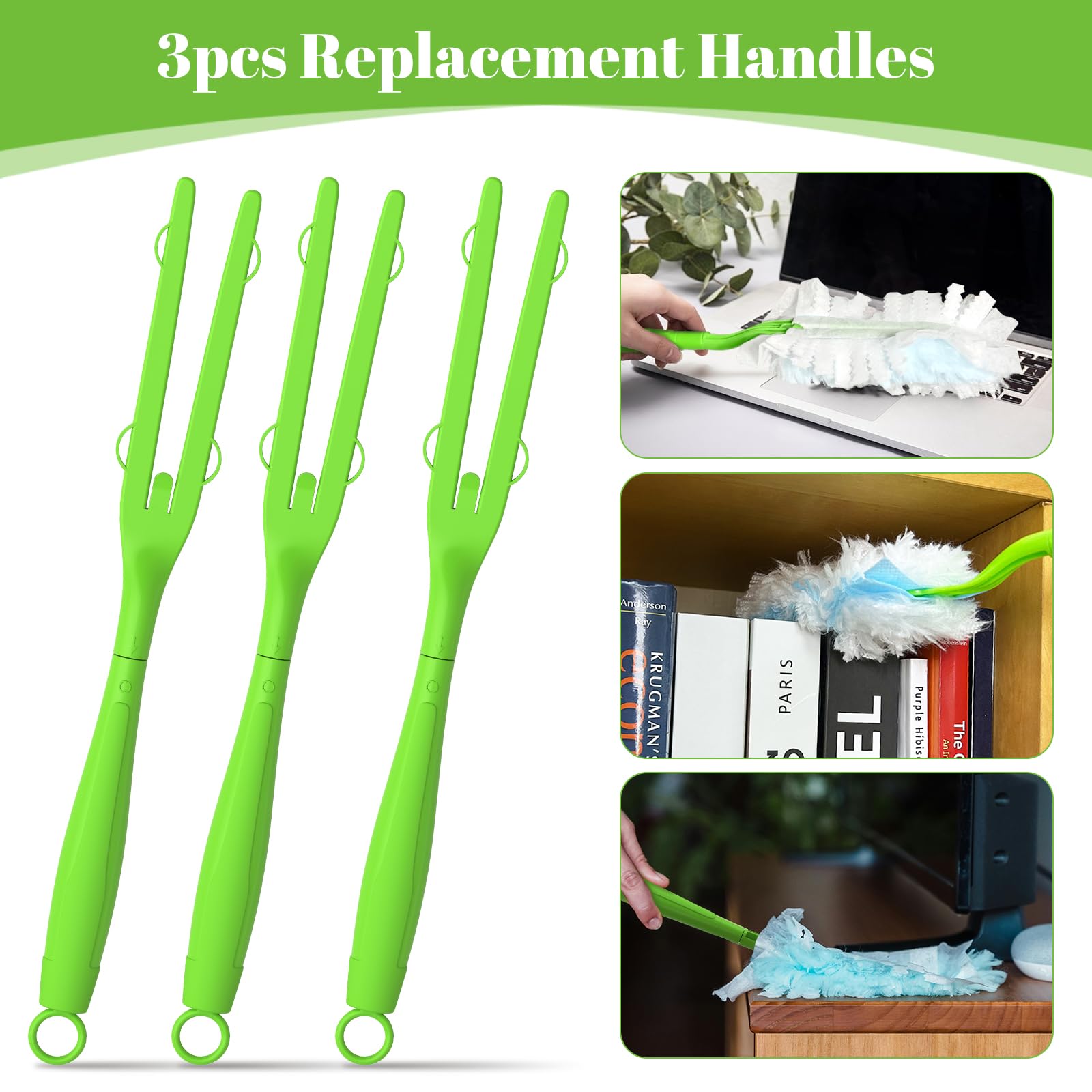 Confezione da 3 manici di ricambio per spolverino, compatibili con ricariche Swiffer Duster, manici estensibili e rimovibili per spazi ristretti (verde