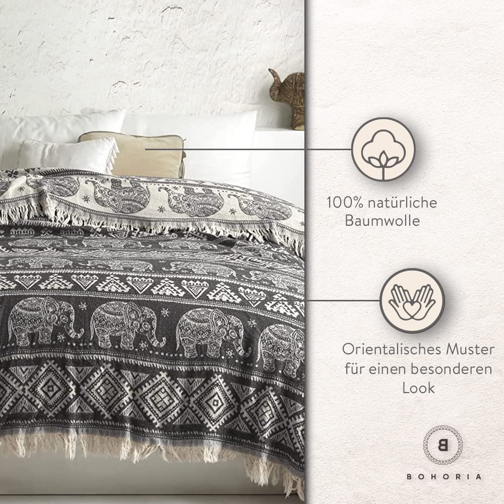BOHORIA® Premium Tagesdecke 220x240 cm Bali | 100% Baumwolle | Oeko-Tex® | Bettüberwurf Wohndecke Wendedecke Sofadecke mit Muster | extra-groß 220 x 240 cm (Elephant)