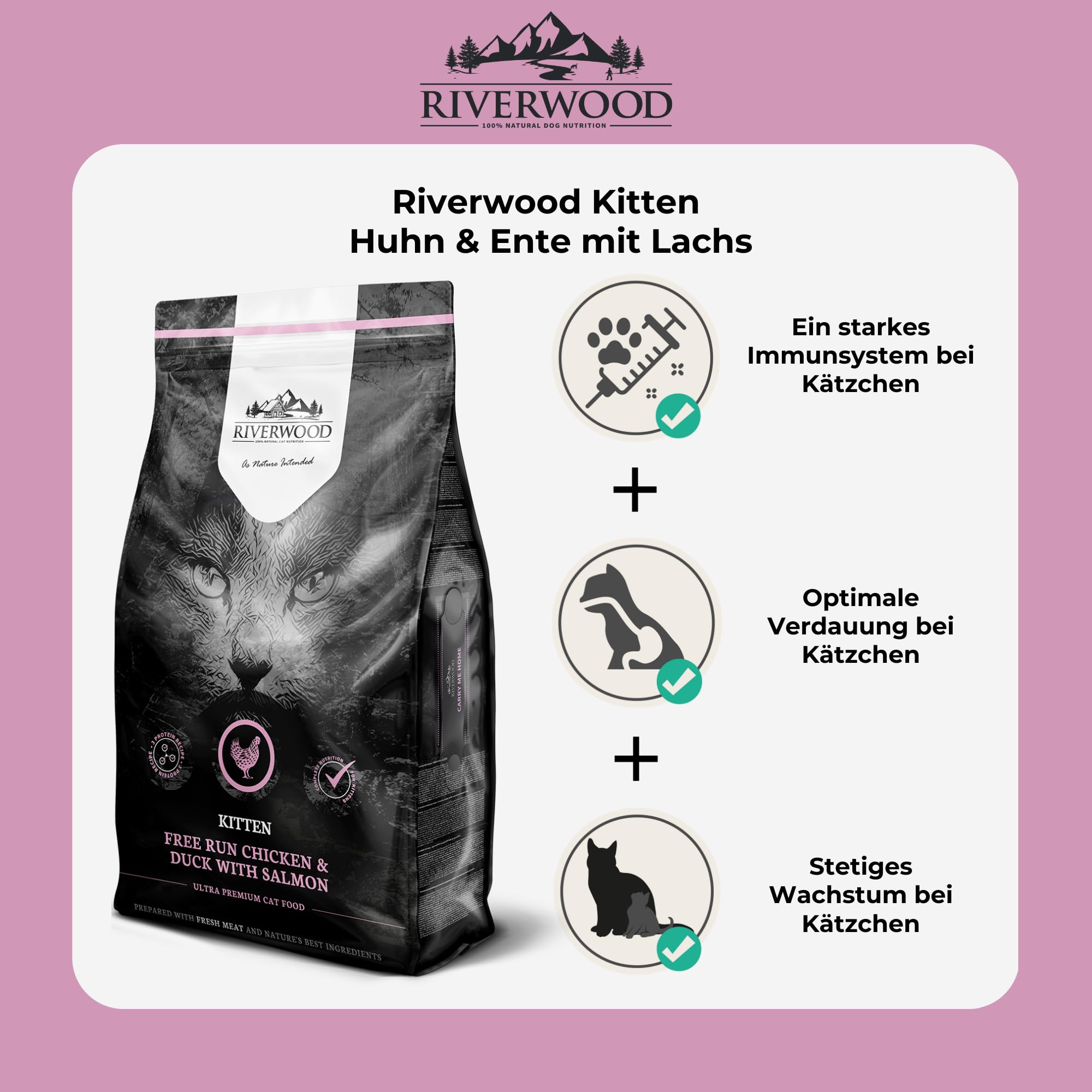 Riverwood Comida para gatos para gatitos, pollo y pato con salmón, alimentos secos sin granos ultra premium, alto contenido de carne, para gatitos de hasta 12 meses, 6 kg