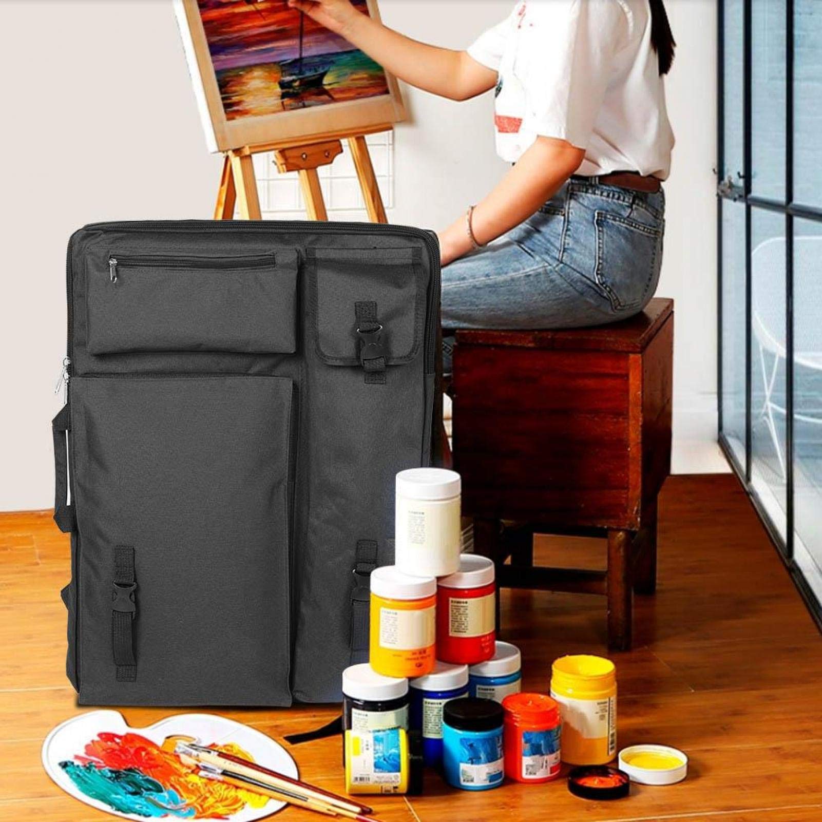 Jeanoko Zaino Impermeabile Grande per artisti, Zaino per Pittura Opaca 300D Portafoglio Art Portfolio Tote Strumenti artistici Impermeabili per Materiali artistici all'aperto Pigmenti Matite(Black)