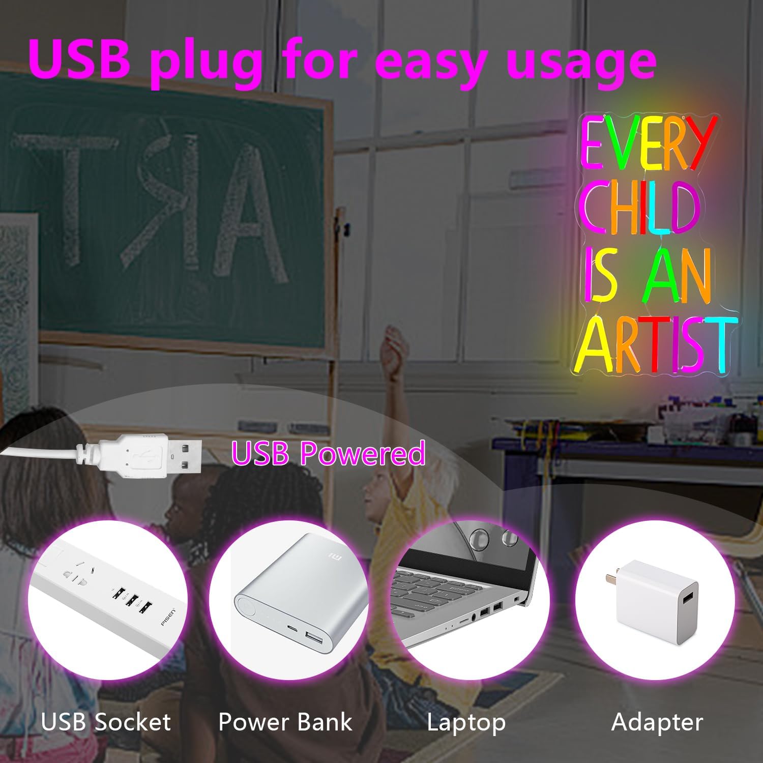 Every Child is an Artist Neon Sign for Wall Decor Art Classroom Decor Dimmable Led Sign for Classroom Wall Art Room Neon Light Up Sign for Home Gallery Studio School Nursery Playroom Daycare