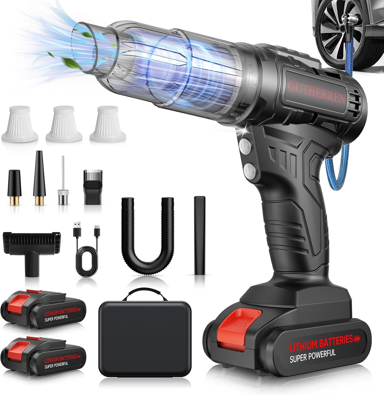 Car Vacuum Portable Cordless, 2-in-1 Handheld Vacuum Cleaner & Air Pump, 40000Pa Rechargeable Mini Vacuum with 2 Batteries, LED Light & Multi-Nozzles for Car, Home, Pet Hair, Keyboard Black