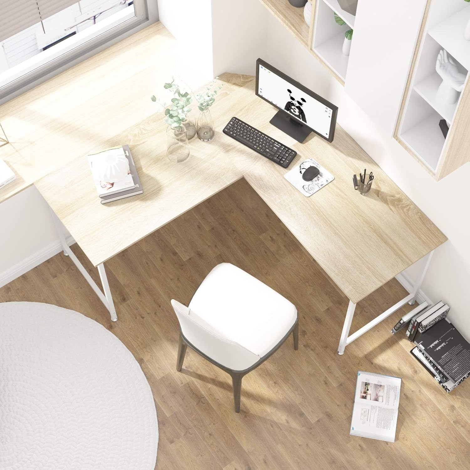 One-Day Sale: Up to 40% Off Elephance L Shaped Desk Corner Computer Desk Gaming Table Workstation for Home Office (Large, White+ Gold Frame)