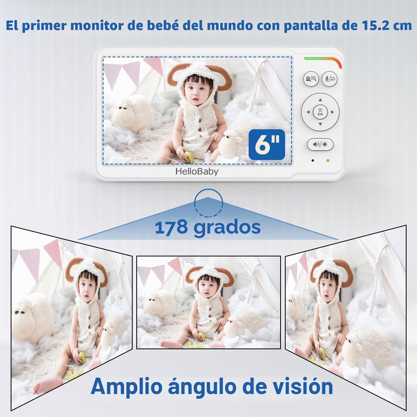 HelloBaby Monitor de Bebé con Pantalla IPS de 6", Sin WiFi, Batería 30h, Pan-Tilt 355°, Visión Nocturna Alcance 1000 Pies, Portátil con Alerta de Temperatura, Canciones de Cuna y Modo VOX