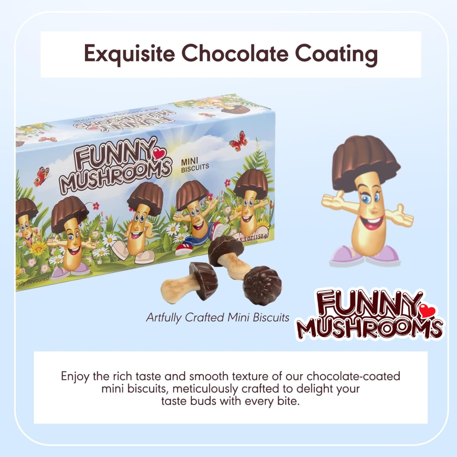 Miltonas Mini Mushroom Shaped Chocolate Cookies - Funny Chocolate Mushrooms with Crunchy Bite-Sized Pieces - Ideal for Weddings, Anniversaries & Birthdays - 3 Pack (150g Each) with Funny Mushroom Sticker