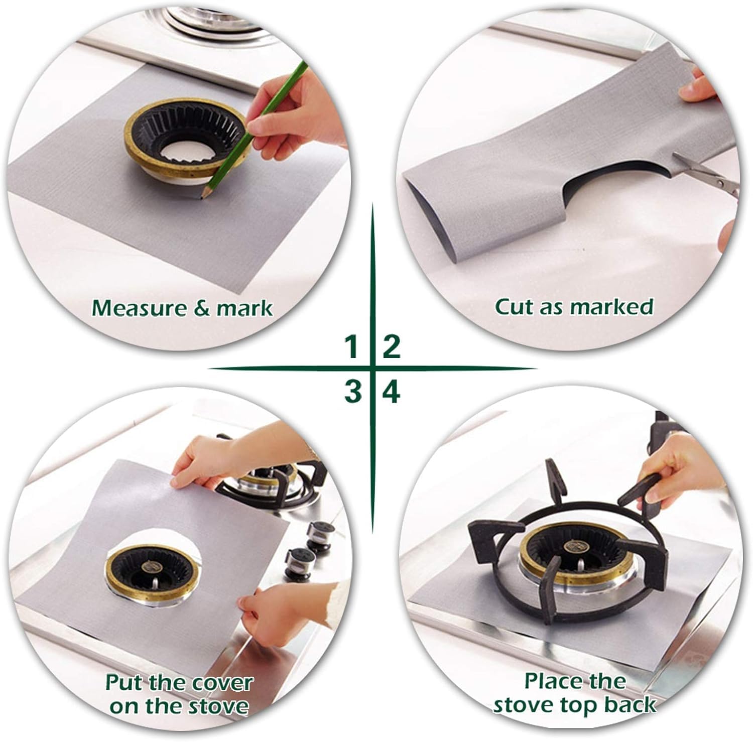 Kelexx Stove Burner Covers - 4PCS Upgraded Double Thickness Liners, Silver Nonstick Reusable Top Protectors, Easy to Clean Kitchen Stove Covers for Burners 1