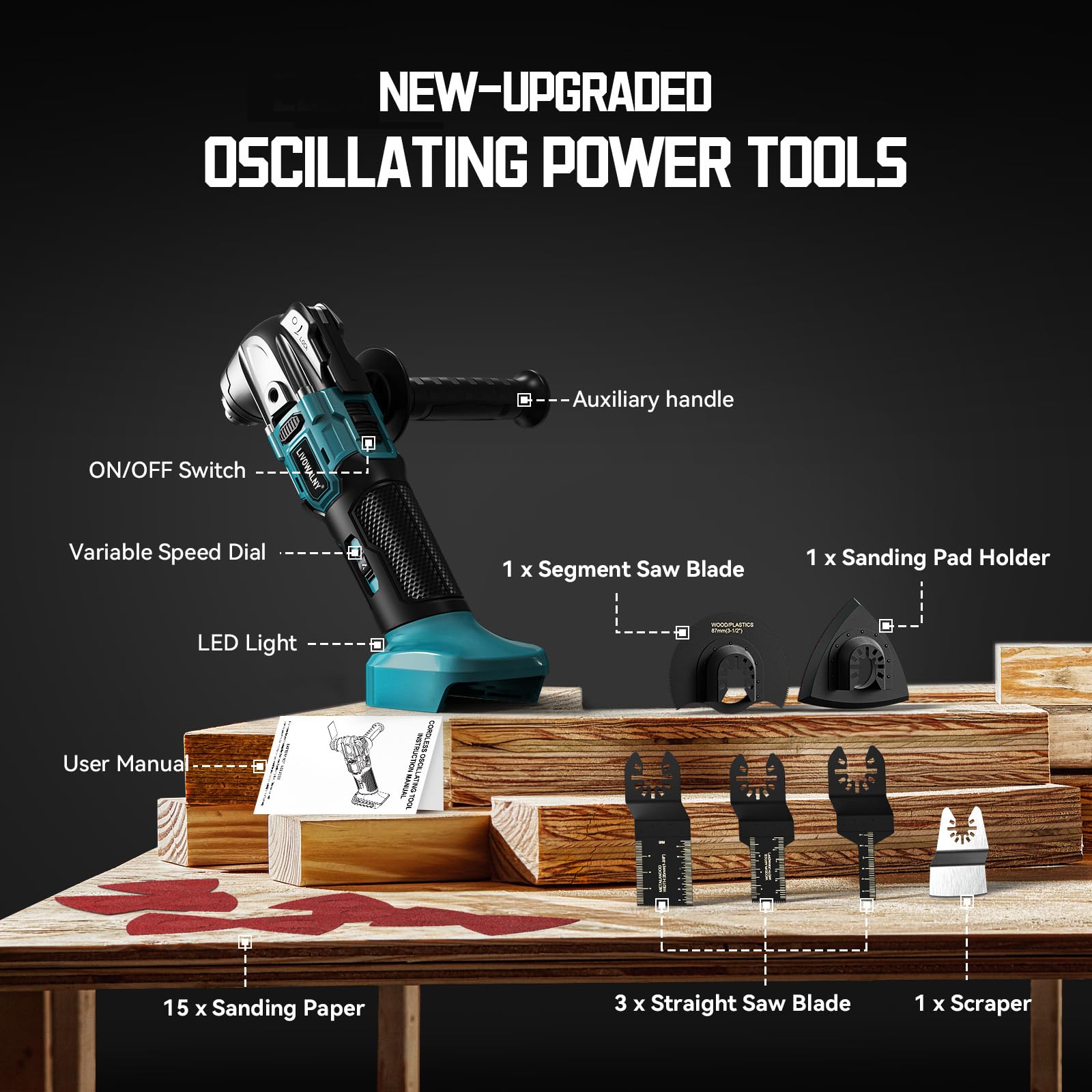 LIVOWALNY Outil Multifonction Oscillant Sans Fil Compatible avec Makita 18V Batterie, Multitool à 6 Vitesses Réglables, Scie Multifonction pour Enlever, Gratter-Bleu（Outils Uniquement）