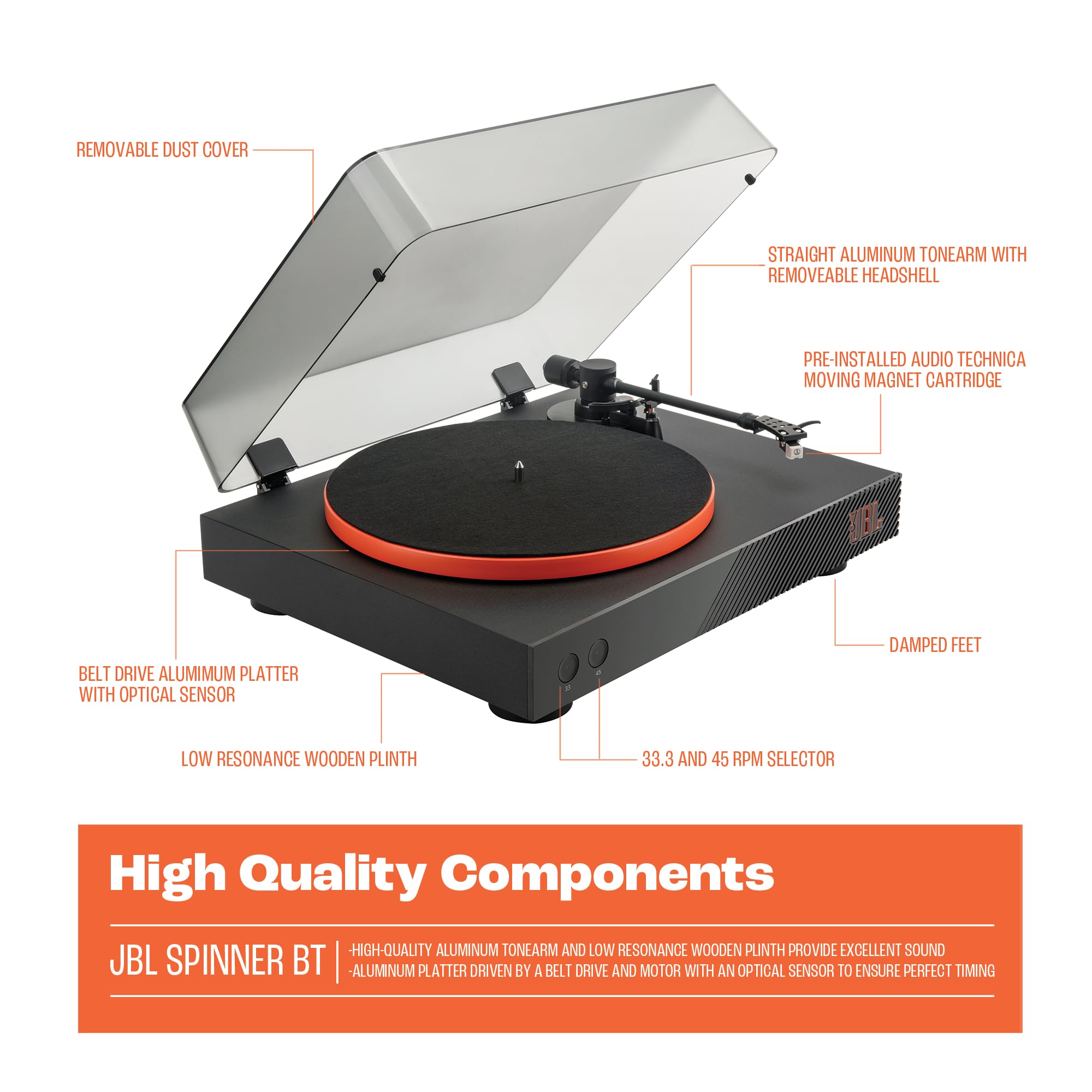 JBL Spinner BT – Hochwertiger Schallplattenspieler mit Bluetooth und aptXTM HD – Schwarz und Orange