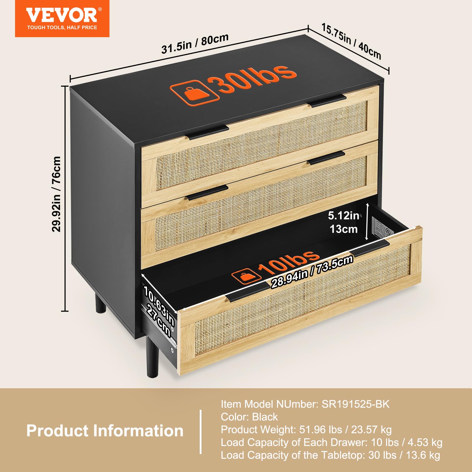 VEVOR Cassettiere in Legno di Rattan Naturale con 3 Cassetti, Moderna Cassettiera in Legno per Vestiti e Contenitori Boho con Maniglie e Gambe Robuste, per Camera da Letto Soggiorno e Corridoio