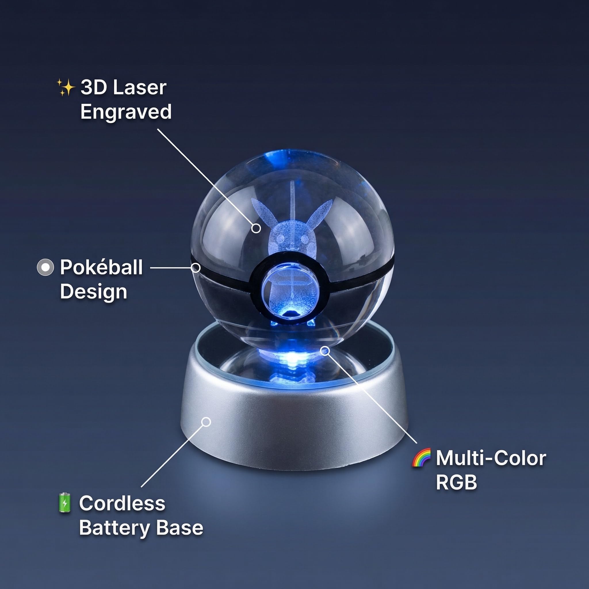 Sfera di Cristallo 3D Poke - Lampada LED RGB con Dragone di Fuoco Inciso - Luce Notturna Creatura Alata con Base Luminosa - Idea Regalo per Allenatori e Appassionati Gaming - USB (1, PIKA) - 3