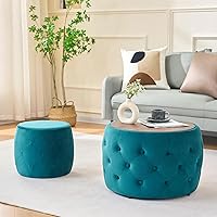 Vista 12 de Ball & Cast - Juego de 2 taburetes de almacenamiento anidables, taburetes de tela de lino con bandeja de madera, mesa de centro redonda de 22.75