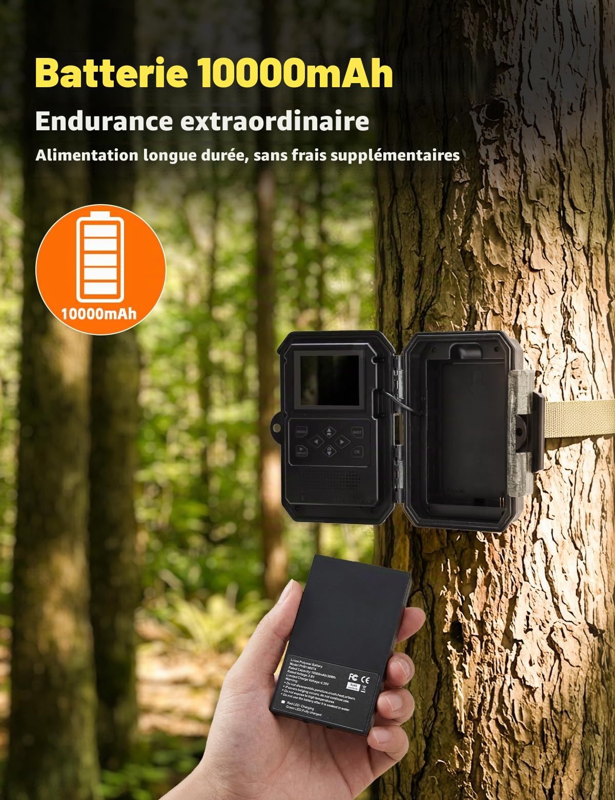 Caméra de Chasse,Vidéo 4K H.264 60MP, Batterie Rechargeable 10000 mAh, WiFi Camera Chasse avec Carte SD Intégrée, Camera Infrarouge Vision Nocturne, Détecteur De Mouvement, Grand Angle 130°