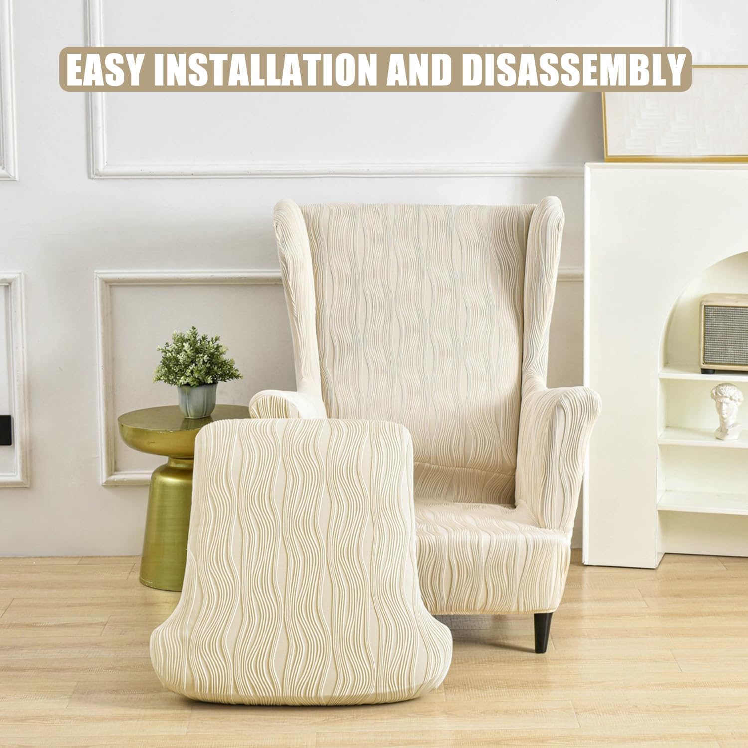 Wingback Chair Covers Set of 2 Stretch Wing Chair Cover Knitted Fabric Sofa Slipcover Removable Wing Back Armchair Slipcovers Furniture Protector for Living Room,Black,2pcs